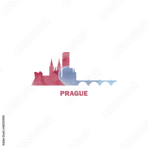 Prague watercolor cityscape skyline city panorama vector flat modern logo, icon. Czech Republic capital, megapolis emblem concept with landmarks and building silhouettes. Isolated graphic