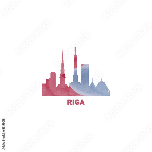 Riga watercolor cityscape skyline city panorama vector flat modern logo, icon. Latvia capital, megapolis emblem concept with landmarks and building silhouettes. Isolated graphic