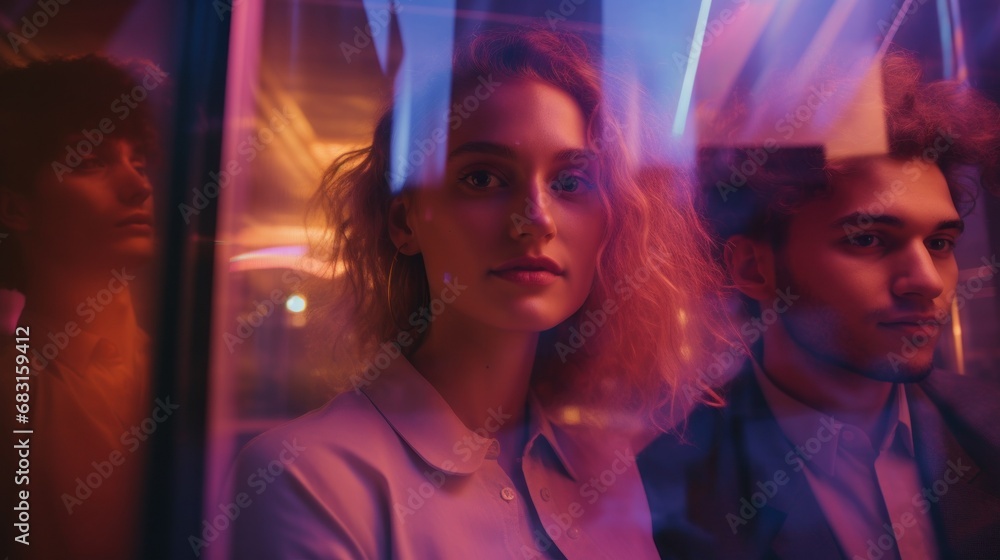 Young woman posing at night behind the glass with neon lights