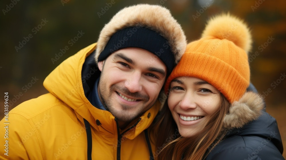a young couple laughing, walking in the park on an autumn day a young couple laughing, walking in the park on an autumn day