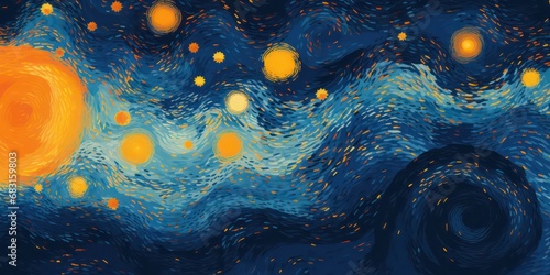 Artwork inspired by Vincent van Gogh's style, seeking to visualize the wave-particle duality concept. It features a color scheme dominated by dark blue and orange.