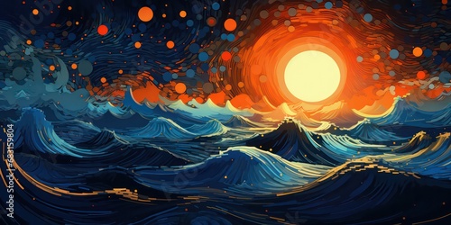 Artwork inspired by Vincent van Gogh's style, seeking to visualize the wave-particle duality concept. It features a color scheme dominated by dark blue and orange. photo