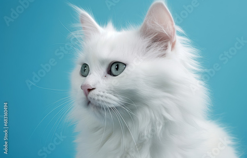 white Persian kitten on blue backgrounf