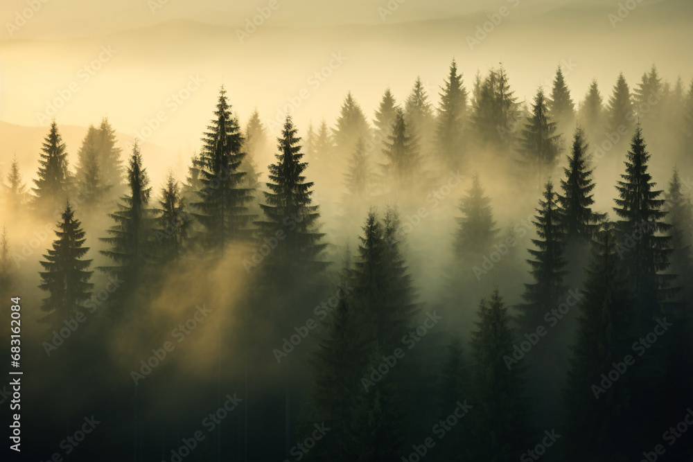 Misty Fir Pine Forest in Soft Light