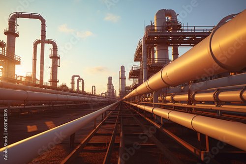 Industrial Pipeline, Oil and Gas Factory, Morning Light