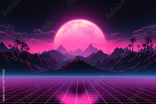 Retro Vaporwave Landscape Background: Sunset Over Mountains and Palm Trees