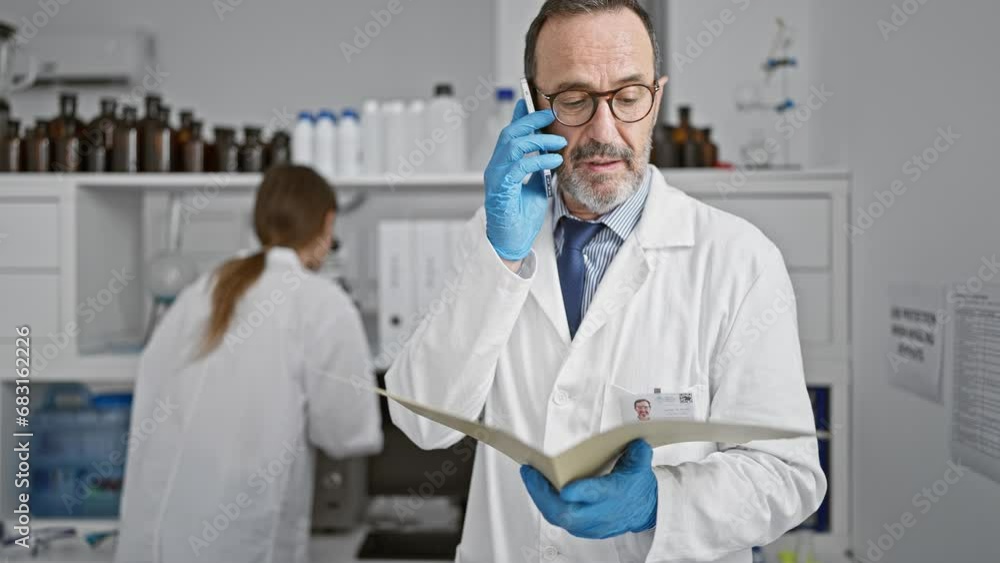 In the heart of science, two devoted lab mates, man and woman scientists, deep in conversation on smartphone, reading document together amidst laboratory analysis and research In the heart of science, two devoted lab mates, man and woman scientists, deep in conversation on smartphone, reading document together amidst laboratory analysis and research