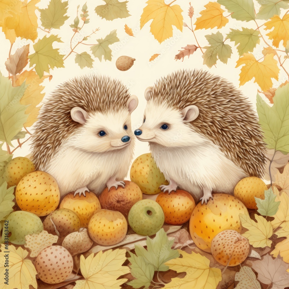 Lovely and pretty hedgehog pattern with flowers and leaves on a pastel background.