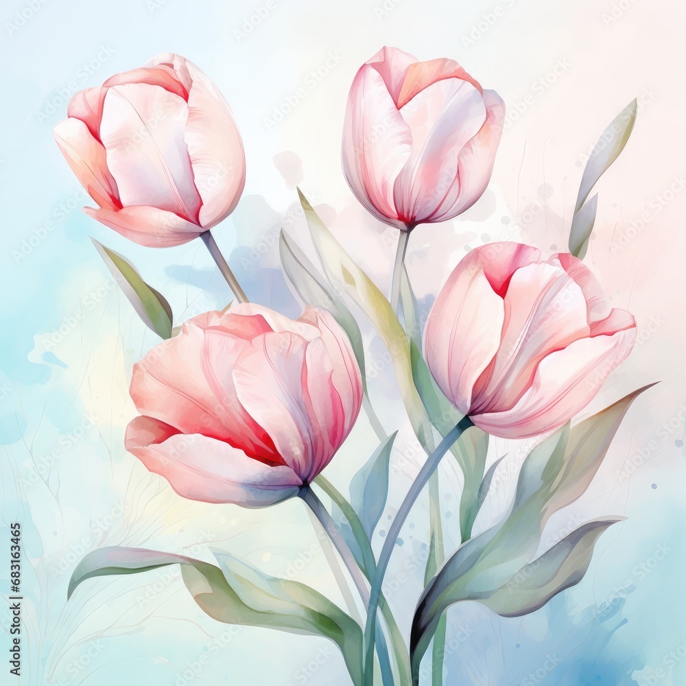 Tulip branches on elegant watercolor background. Printing, greeting cards, wallpapers, background, banners	
