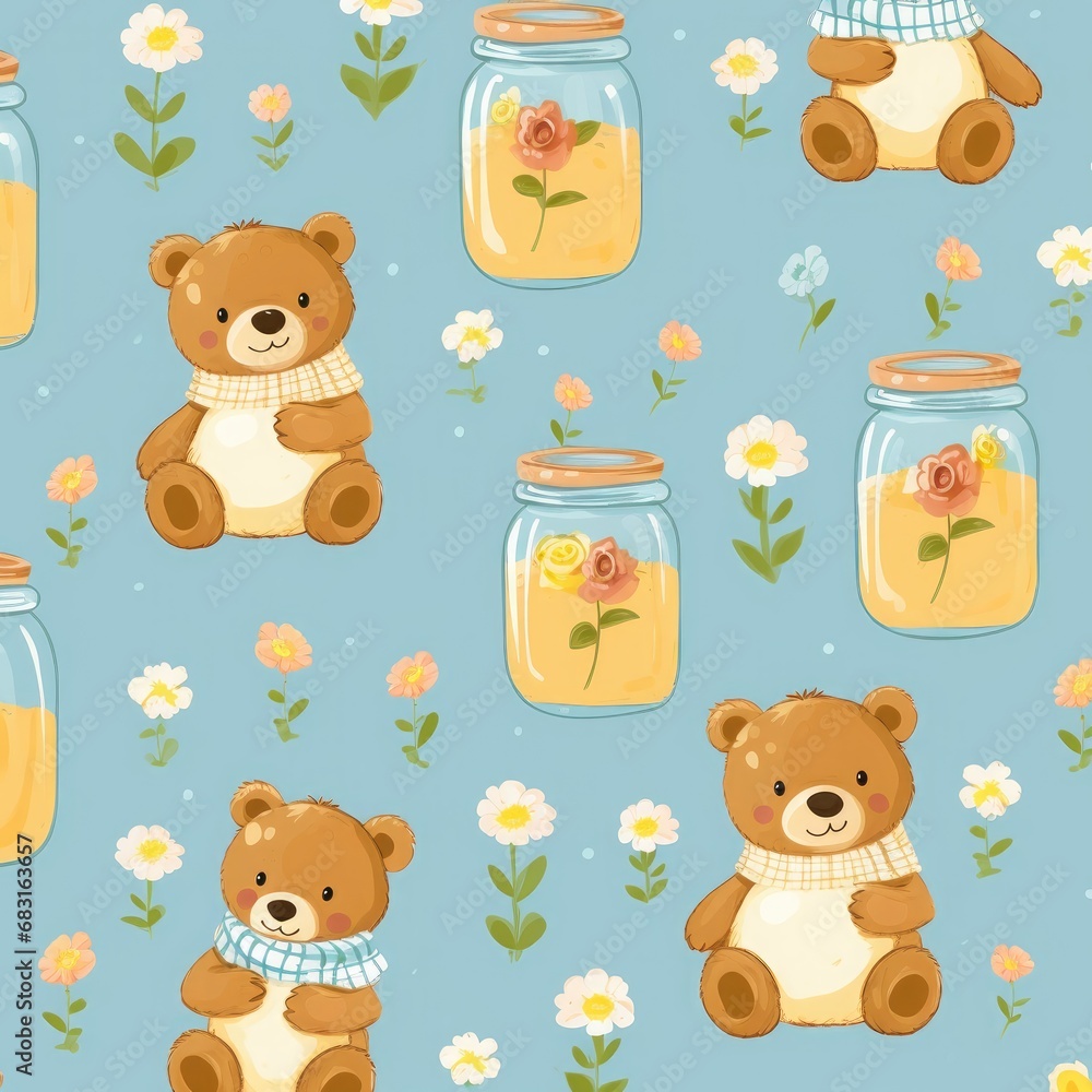 Adorable and pretty bear cub pattern with flowers and leaves on a pastel background. Adorable and pretty bear cub pattern with flowers and leaves on a pastel background.
