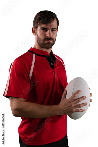 Digital png photo of serious caucasian rugby player holding ball on transparent background