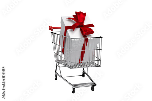 Digital png illustration of trolley with big gift on transparent background © vectorfusionart