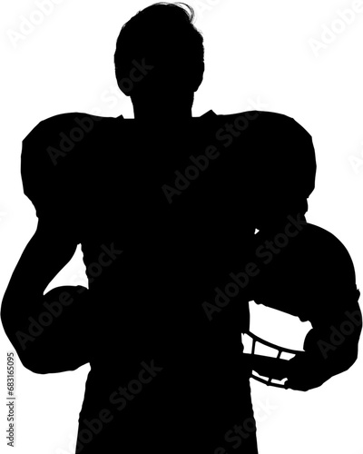 Digital png silhouette of american rugby player with helmet and ball on transparent background
