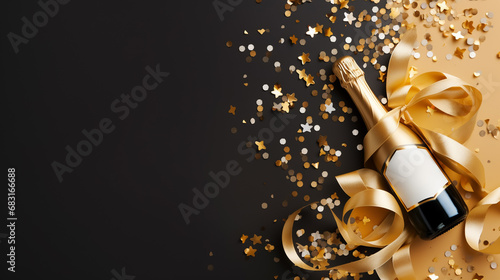 Celebration background with the golden champagne bottle, confetti stars, and party streamers. Christmas, birthday or wedding concept