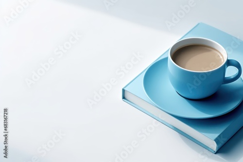 Blue cup of coffee with blue notebook Blue monday concept. photo