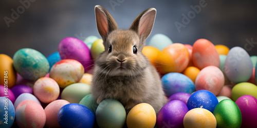 Happy Easter eggs easter bunny 4K HD AI Generated Images for Wallpaper and easter wishes ,Easter bunny and colored eggs in the forest on a dark background generative ai
 photo