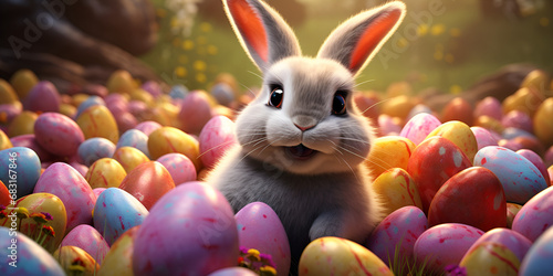 easter bunny with eggs ,Rabbits in an easter gift box ,A bunny sits among easter eggs in a basket ,Easter bunny in a basket with eggs generative ai