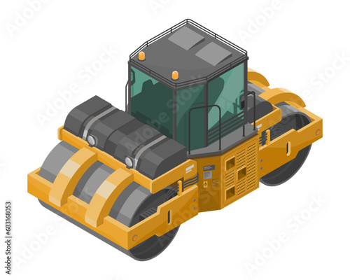 Double Drum Roller Vibratory Road building construction isometric isolated yellow cartoon illustration