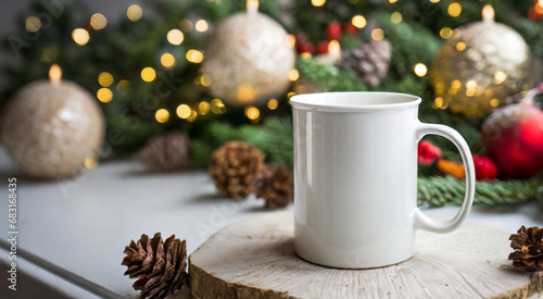 White Ceramic Mug in Festive Christmas Setting Mockup