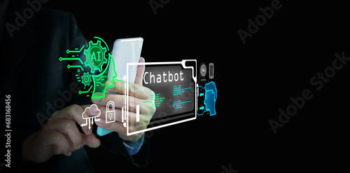 AI tech. Chat Bot, chat with Ai. A man uses virtual graphic of a generative conversational chatbot on smartphone to communicates with language model for education business technology photo