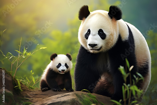 panda bear and her cub baby in the wild life nature
