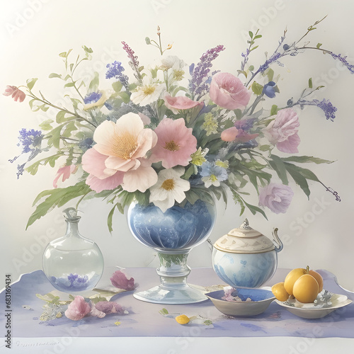 still life vase with flowers on the table watercolor drawing