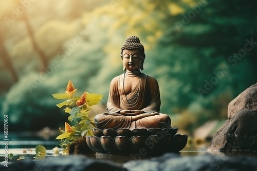 Buddha statue meditating on the shore of a lake in green forest.