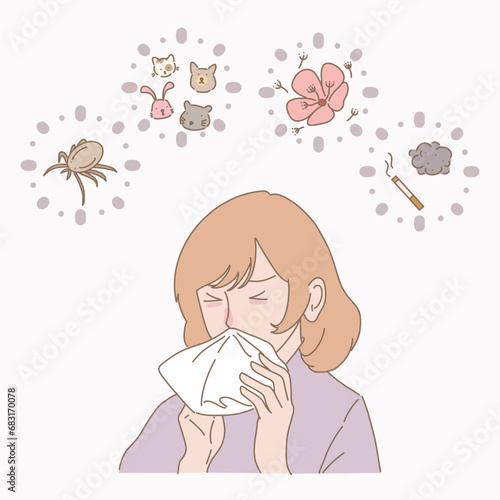 Woman with perennial and seasonal allergies cause by dust, fur, pollen, smoke. Runny nose and watery eyes. Blowing nose with handkerchief. Hand drawn flat cartoon character vector illustration.