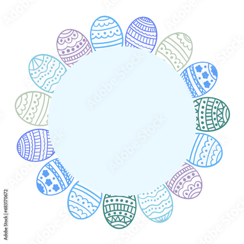 Round frame with hand-drawn Easter eggs and space for text on a white background. Vector Easter illustration