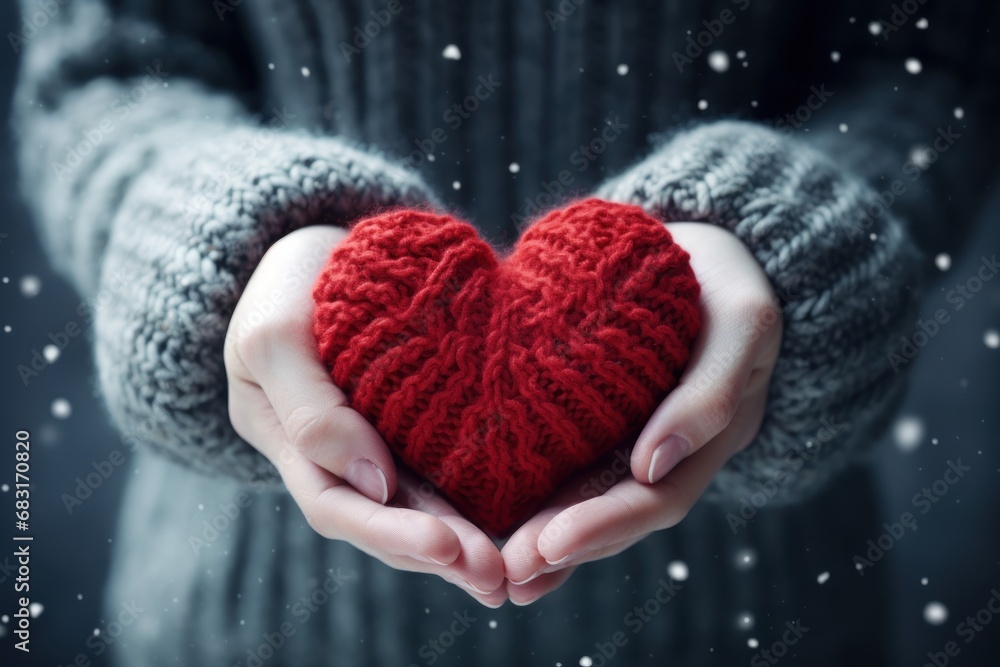 Fototapeta premium Beautiful Knitted red heart shape on background.