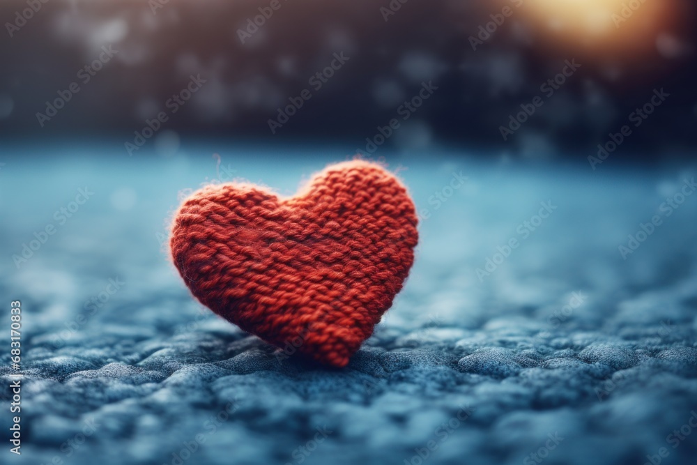 Fototapeta premium Beautiful Knitted red heart shape on background.