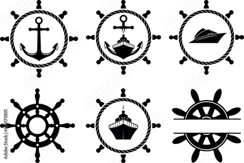 set of Steering Wheels . Silhouette of a vintage sailing ships helm, Black hand drawn Nautical Vector Logo Icon of Maritime Illustration .