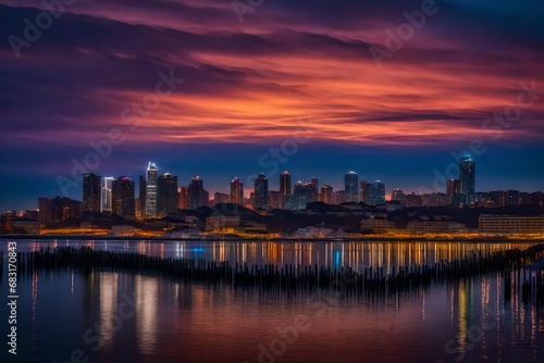 city skyline at sunset near clear sea water © Mulazimhussain