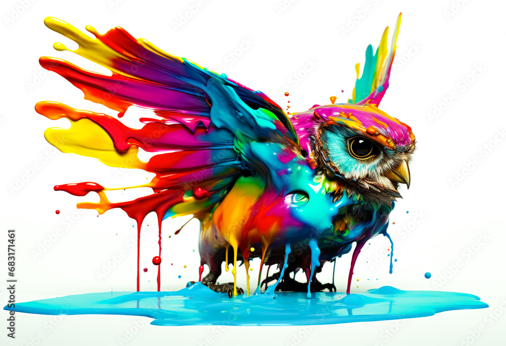 Fototapeta premium Fantasy digital art of owl flying with multicolored liquid splash in surface.funny animal in surreal surrealism ideas.creativity and inspiration background