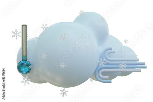 3d render illustration snow cloud wind icon. Weather set mockup. Outdoor nature, spring ,rainy, summer, winter, fall seasons.Weather forecast sign. Meteorological icon with temperature show in thermo.