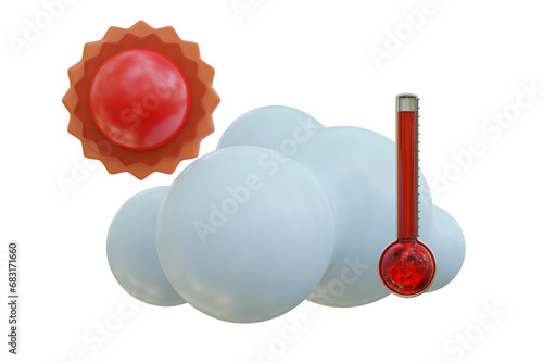 3d render illustration cloud, sun icon. Weather cute set mockup. Outdoor nature, spring ,rainy, summer, winter, fall seasons.Weather forecast sign. Meteorological icon with temperature show in thermo.