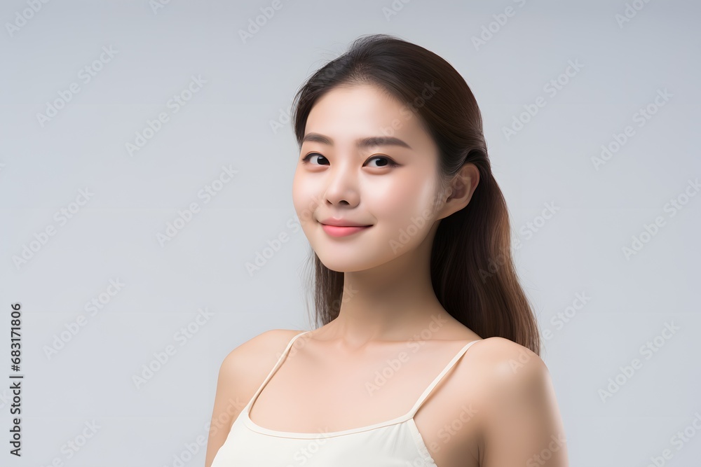 Beautiful young woman with flowing long hair wearing a white top standing against a neutral background Generative AI Beautiful young woman with flowing long hair wearing a white top standing against a neutral background Generative AI