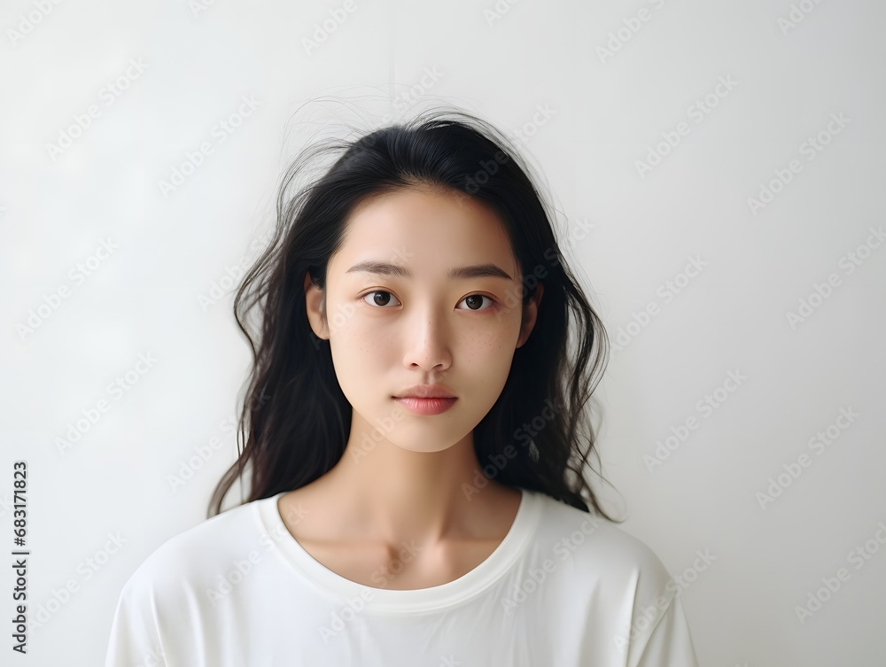 Confident young woman with long black hair and white shirt posing for the camera with a serene expression Generative AI Confident young woman with long black hair and white shirt posing for the camera with a serene expression Generative AI