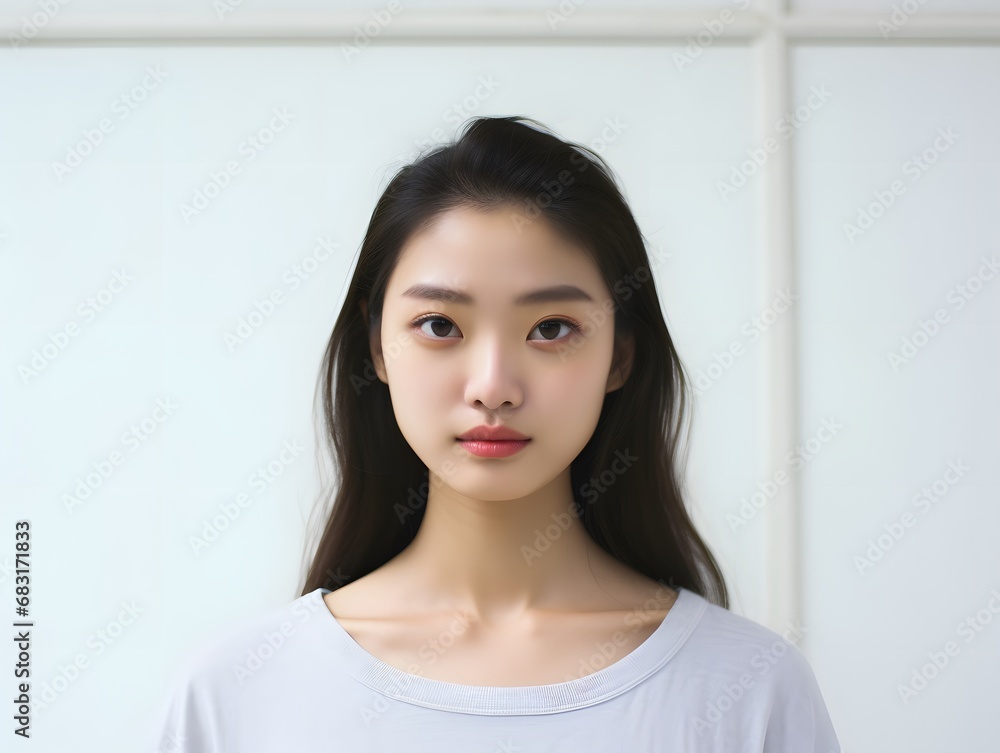 Beautiful young woman with flowing long hair wearing a white shirt and looking off into the distance. Generative AI Beautiful young woman with flowing long hair wearing a white shirt and looking off into the distance. Generative AI