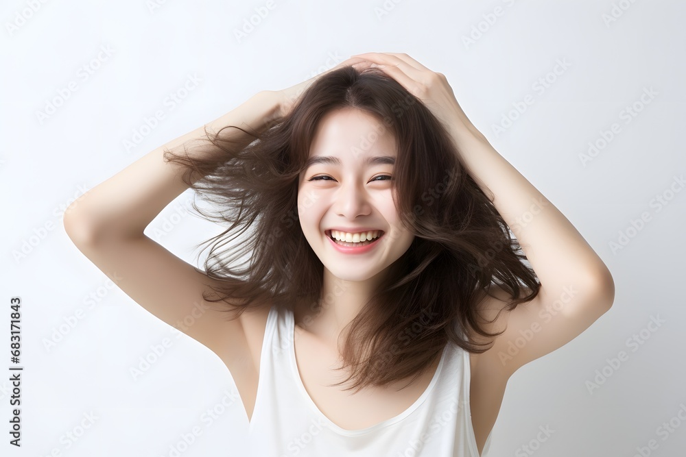 Beautiful young woman with long hair smiling and enjoying the breeze as she holds her hair up in the air. Generative AI Beautiful young woman with long hair smiling and enjoying the breeze as she holds her hair up in the air. Generative AI