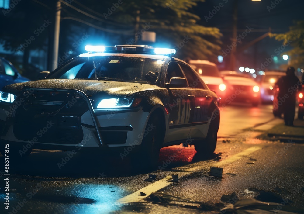 Police Cruiser Parked on Dark Roadside at Night with Flashing Lights Illuminating the Scene Generative AI