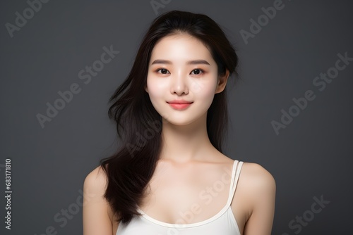 Beautiful young woman with long dark hair and white tank top posing confidently for a stunning portrait photo shoot. Generative AI