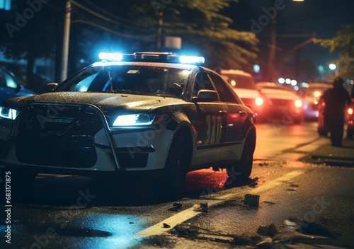 Police Cruiser Parked on Dark Roadside at Night with Flashing Lights Illuminating the Scene Generative AI © Jhanvi