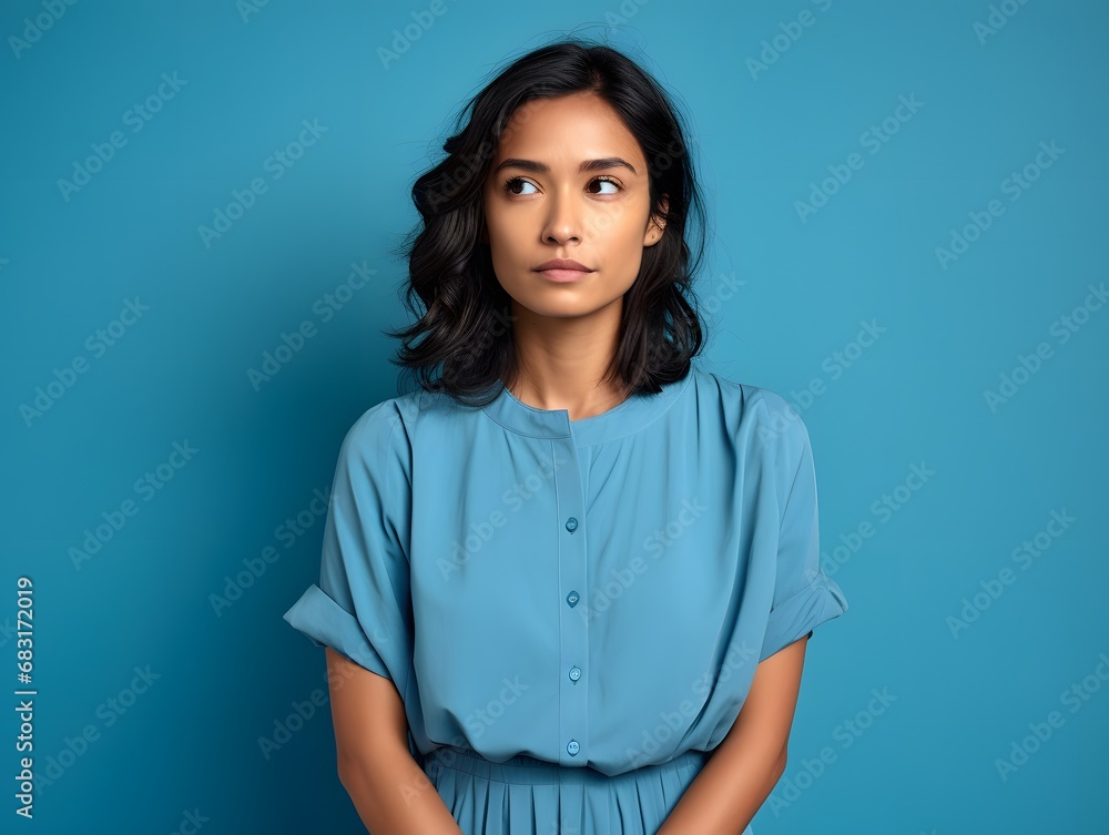 Serene young woman in a flowing blue dress gazing upwards with a peaceful expression Generative AI Serene young woman in a flowing blue dress gazing upwards with a peaceful expression Generative AI