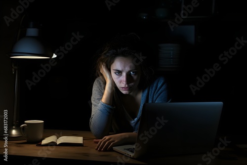 Focused young woman typing on laptop while sitting at wooden table in cozy cafe with natural light Generative AI