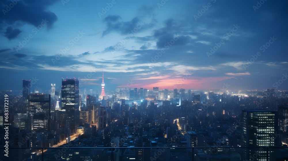 Vibrant Cityscape Illuminated by Dazzling Lights in the Night Sky Generative AI