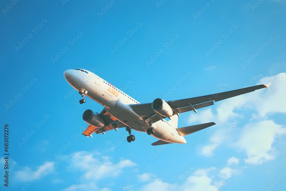Commercial airliner soaring through the clouds against a blue sky backdrop Generative AI Commercial airliner soaring through the clouds against a blue sky backdrop Generative AI