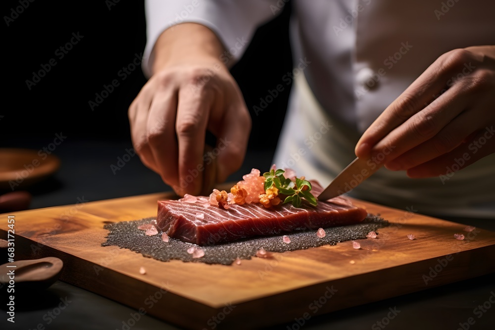 Chef preparing a delicious meal by cutting up fresh meat on a wooden cutting board with a sharp knife Generative AI Chef preparing a delicious meal by cutting up fresh meat on a wooden cutting board with a sharp knife Generative AI