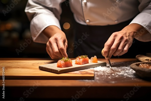 Preparing a Delicious Meal Person Cutting Fresh Ingredients on Wooden Cutting Board with Sharp Knife in Kitchen Generative AI