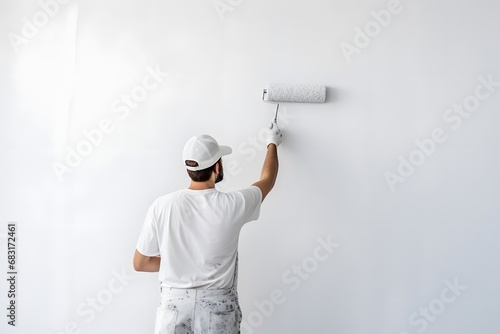 Hardworking man painting a wall with a roller of fresh paint in a newly renovated room Generative AI photo